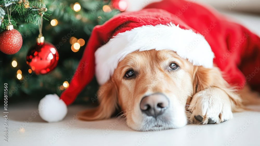 Golden Retriever dressed as Santa Claus resting by a Christmas tree, with a white background providing ample space for holiday greetings or promotional text.