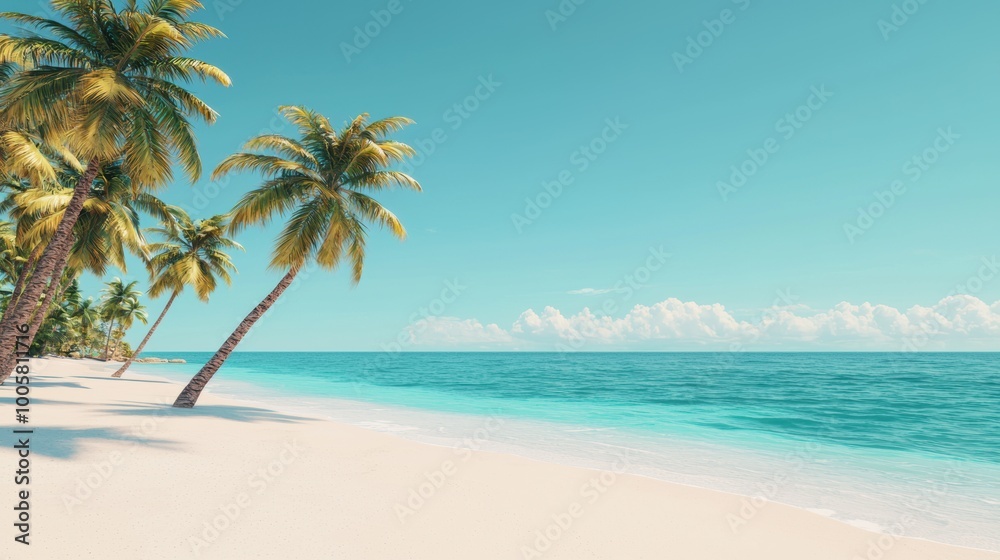Tropical beach with palm trees and serene ocean view under clear blue sky. Tropical beach with palm trees and serene ocean view under clear blue sky.