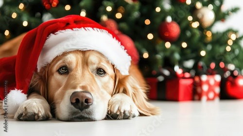 Golden Retriever in a Santa Claus costume lying in front of a decorated Christmas tree on a white background. Perfect banner with free space for holiday text or greetings.