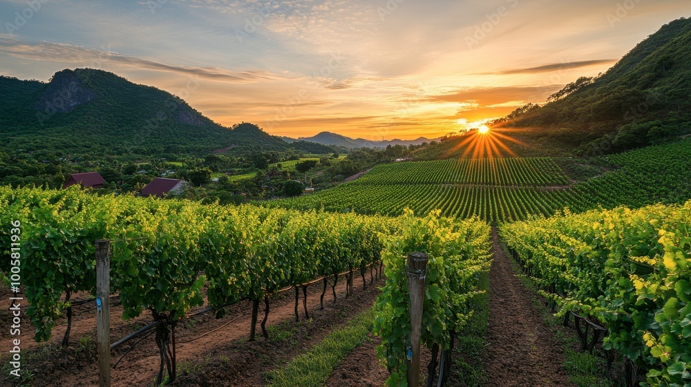 Naklejka premium A beautiful sunset view at the vineyards in Wang Nam Khiao, with grapevines glowing in the evening light.