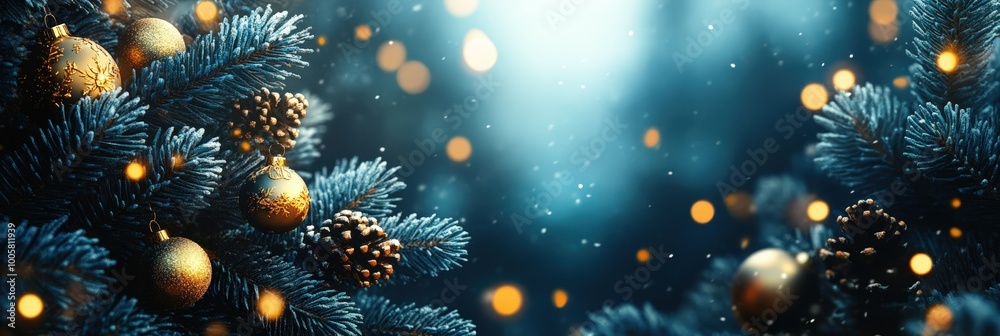 Winter Wonderland with Golden Ornaments and Bokeh Lights Winter Wonderland with Golden Ornaments and Bokeh Lights