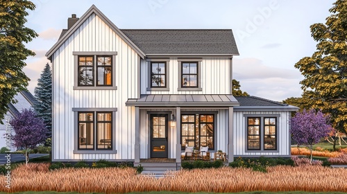 A sleek farmhouse-style home with vertical pearl white paneling, jet grey trim, on copper grass and surrounded by periwinkle trees for a charming exterior