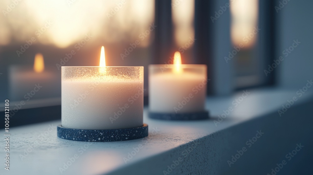 Two lit candles on a windowsill, creating a warm and cozy atmosphere. Two lit candles on a windowsill, creating a warm and cozy atmosphere.