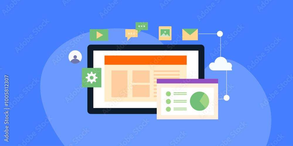 Website management, marketing automation and data analytics with cloud computing technology vector illustration concept. Website management, marketing automation and data analytics with cloud computing technology vector illustration concept.
