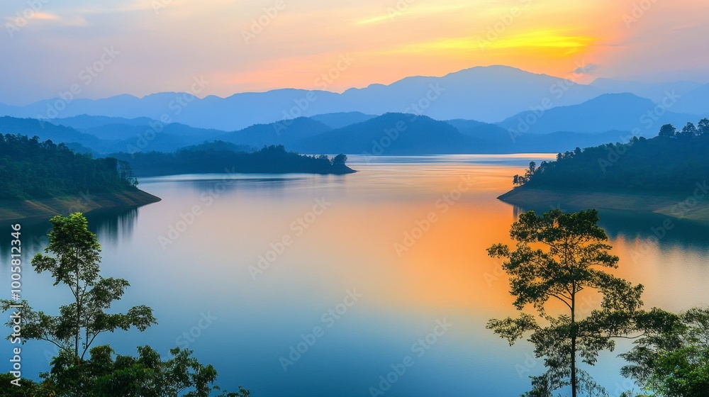 A beautiful view of Lam Takhong Reservoir during a tranquil evening. A beautiful view of Lam Takhong Reservoir during a tranquil evening.