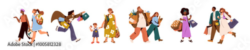 People shopping set. Happy customers hold lots packs of grocery, purchases in hands. Diverse buyers carry bags with goods on sale in store. Flat isolated vector illustrations on white background