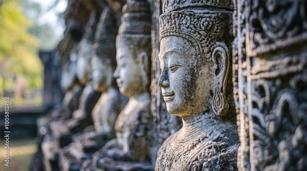 A close-up view of the ancient stone carvings at Phimai Historical Park. A close-up view of the ancient stone carvings at Phimai Historical Park.