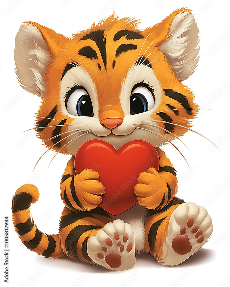 A cute little tiger holding a red heart. Concept of warmth and affection, as the tiger is holding a heart, which is often associated with love and kindness A cute little tiger holding a red heart. Concept of warmth and affection, as the tiger is holding a heart, which is often associated with love and kindness