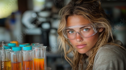 A young woman in safety goggles observes laboratory experiments with colorful test tubes.