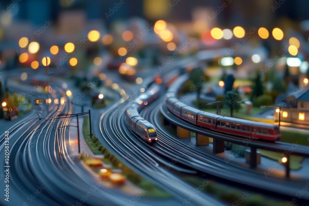 A model train set with a train on the tracks. The train is on a bridge and there are other trains on the tracks. The scene is illuminated by lights, giving it a bright and lively atmosphere A model train set with a train on the tracks. The train is on a bridge and there are other trains on the tracks. The scene is illuminated by lights, giving it a bright and lively atmosphere