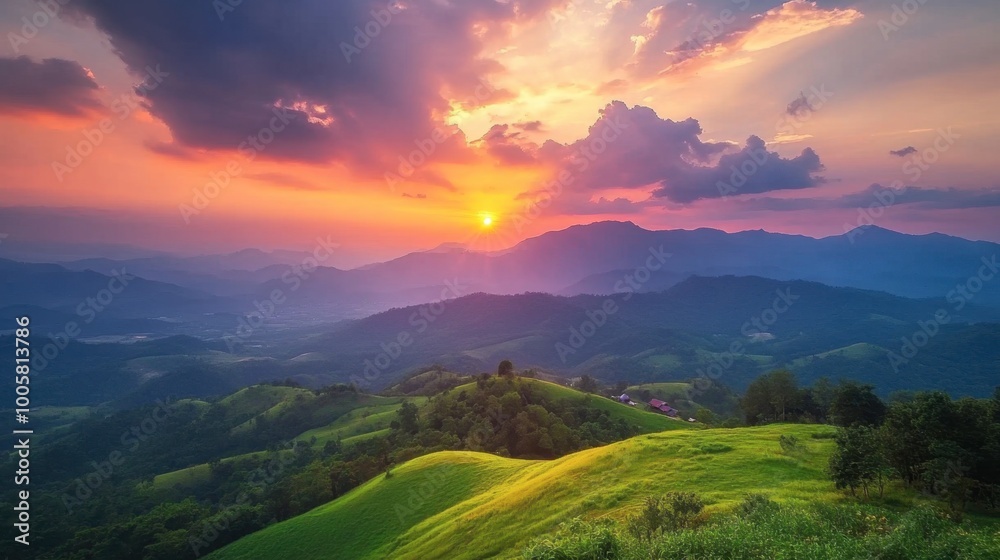 Obraz premium A peaceful sunset at the scenic Wang Nam Khiao hills, with vibrant skies and rolling landscapes.