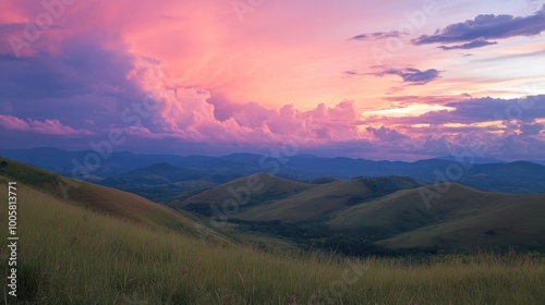 A peaceful sunset at the scenic Wang Nam Khiao hills, with vibrant skies and rolling landscapes.