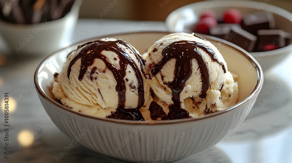 A close-up shot of a ceramic bowl filled with decadent,creamy vanilla and chocolate ice cream,creating a visually appealing swirled pattern. The smooth. A close-up shot of a ceramic bowl filled with decadent,creamy vanilla and chocolate ice cream,creating a visually appealing swirled pattern. The smooth.