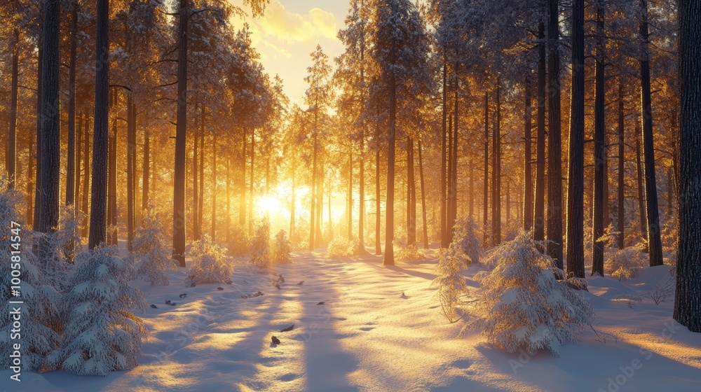 Golden Sunset in a Snowy Forest. Golden Sunset in a Snowy Forest.