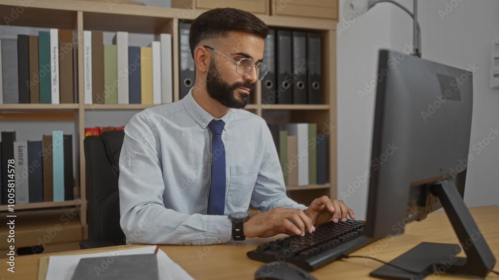 Young hispanic man with beard and glasses typing on keyboard in an organized office setting with bookshelves in the background, focused on his work. Young hispanic man with beard and glasses typing on keyboard in an organized office setting with bookshelves in the background, focused on his work.