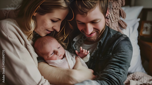 Happy couple embracing their precious newborn baby in the hospital ward for the first time. photo