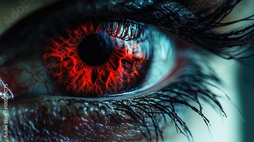 Close-up of a human eye displaying a subconjunctival hemorrhage, with red blood vessels spread across the sclera 