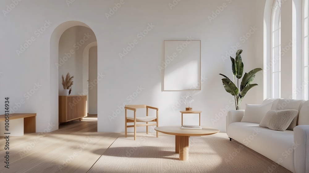 A bright, minimalist living room featuring wooden furniture, a modern rug, plants, and large windows that illuminate the space. A bright, minimalist living room featuring wooden furniture, a modern rug, plants, and large windows that illuminate the space.