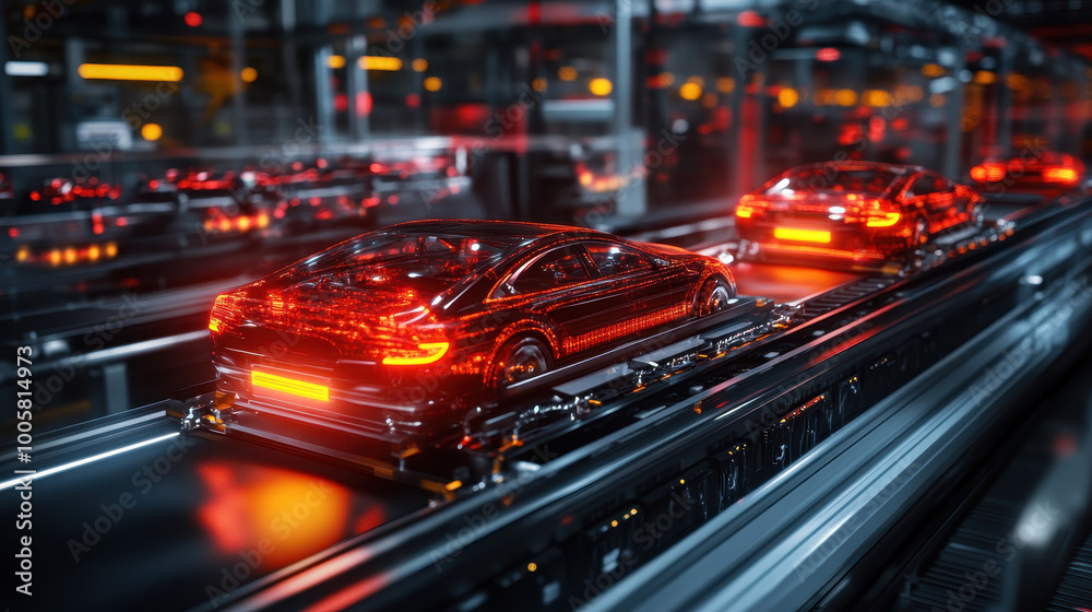 Futuristic cars on production line, showcasing advanced technology and automation in vibrant, illuminated factory setting. scene captures essence of modern manufacturing Futuristic cars on production line, showcasing advanced technology and automation in vibrant, illuminated factory setting. scene captures essence of modern manufacturing