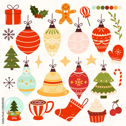 Festive Christmas-themed illustrations, including ornaments, a gingerbread man, a Christmas tree, gifts, and cozy winter items like mittens and stockings in a warm, playful style