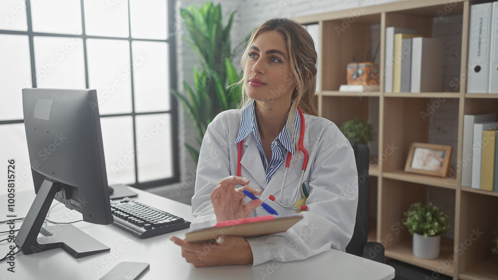 A professional young woman doctor in a white coat with a stethoscope sits pensively at her desk in a bright clinic office. A professional young woman doctor in a white coat with a stethoscope sits pensively at her desk in a bright clinic office.