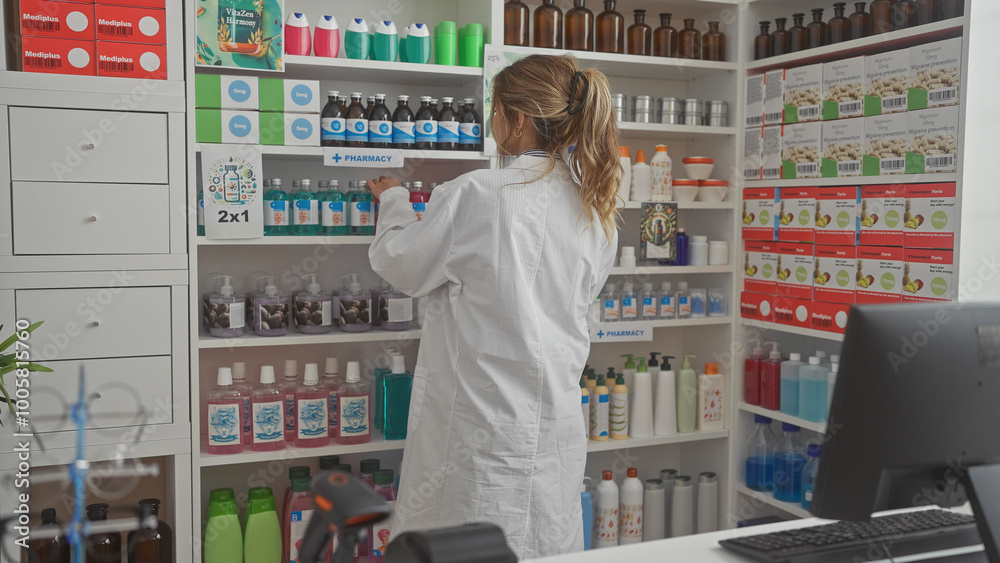 Back view of a young blonde woman pharmacist reaching for medicine in a modern drugstore Back view of a young blonde woman pharmacist reaching for medicine in a modern drugstore