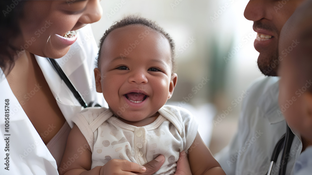 A happy couple holding hands while pushing stroller with newborn baby for first check-up. A happy couple holding hands while pushing stroller with newborn baby for first check-up.