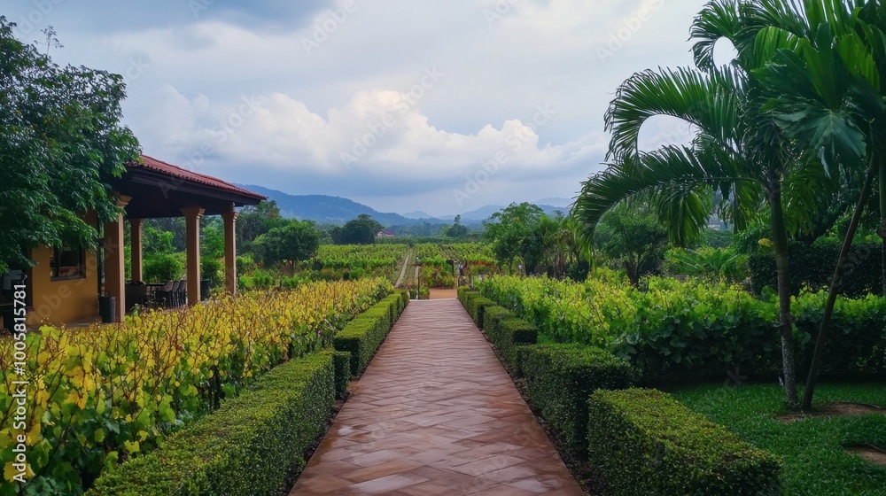 Fototapeta premium A tranquil walk through the vineyards of PB Valley Khao Yai Winery, surrounded by lush vines.
