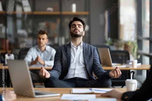 Calm Persian businessman meditating on office desk in middle of busy work day , background blur