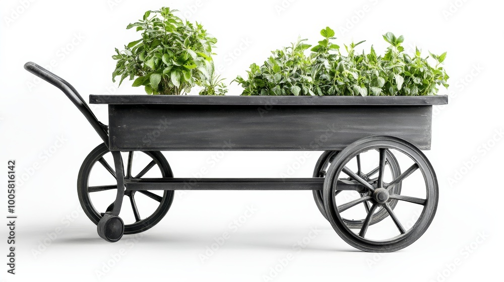Black Wooden Wheelbarrow With Green Plants. Black Wooden Wheelbarrow With Green Plants.
