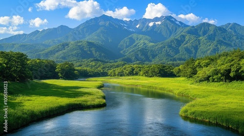 Kamikachiaes lush green valley with the Azusa River flowing through and the impressive Hotaka Mountains rising in the background, perfect for nature photography.