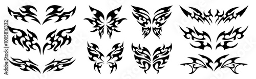 Neo tribal y2k tattoo, cyber sigilism elements. Vector set of neotribal symmetrical shapes, abstract silhouettes, celtic gothic body ornaments. Black emo retro stickers of heart, butterfly with wings