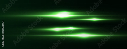 Light green effect reflections, neon illumination in white colors. Bright light lens. Police light effects, lines. Shiny stars, glowing sparks on a black background. Vector green light effect