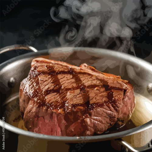 Delicious beef steak in a dish with hot steam. A juicy beef steak, browned in color, exudes a delicious aroma in a dish. Streams of hot steam from its surface.