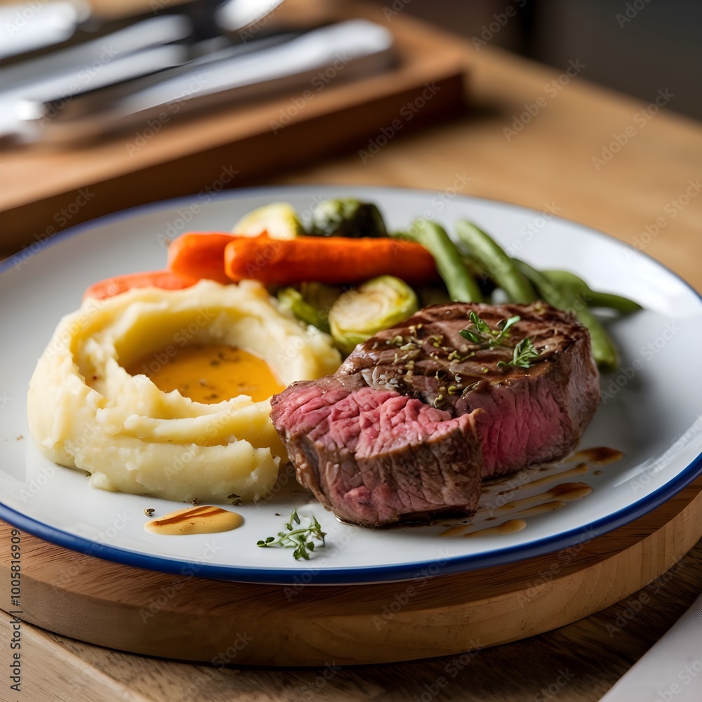 Plate of Food with Steak and Mashed Potatoes Plate of Food with Steak and Mashed Potatoes
