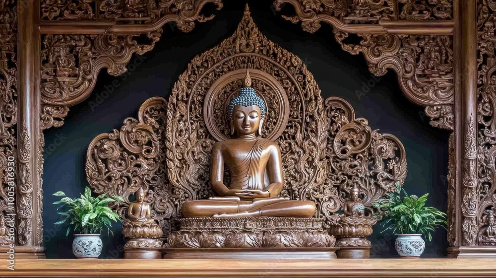 Fototapeta premium An intricate wood carving of the Buddha at Wat Luang Phor Toh, a spiritual landmark.