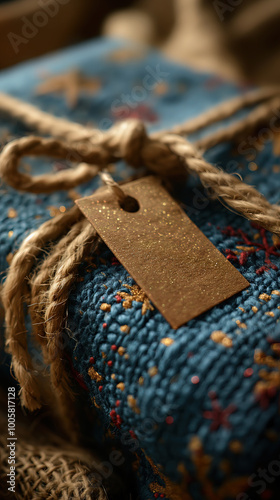 Illustration AI handcrafted gift with twine and glitter tag. Christmas concept, celebration.