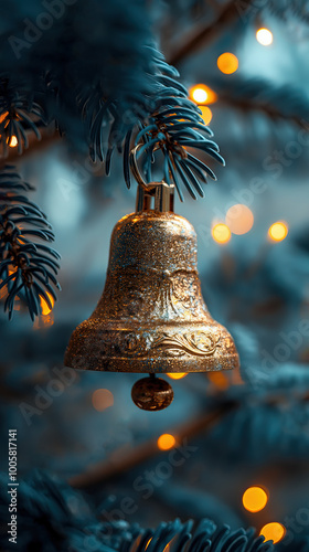 Illustration AI christmas bell ornament hanging on pine branch with glowing lights. Christmas.