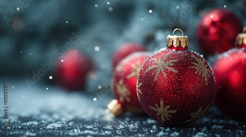 Illustration AI festive red christmas ornaments with golden snowflake design. Christmas concept.