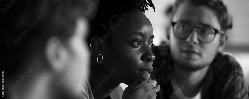 A close-up of diverse individuals engaged in deep conversation, showcasing thoughtful expressions and a candid moment in black and white. A close-up of diverse individuals engaged in deep conversation, showcasing thoughtful expressions and a candid moment in black and white.
