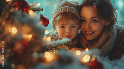 Illustration AI mother and child enjoying christmas tree lights. Christmas concept, celebration.