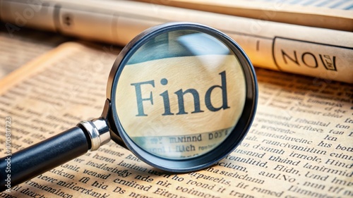 Discovering Knowledge: A Magnifying Glass Highlighting the Word 'Find' Among Printed Text