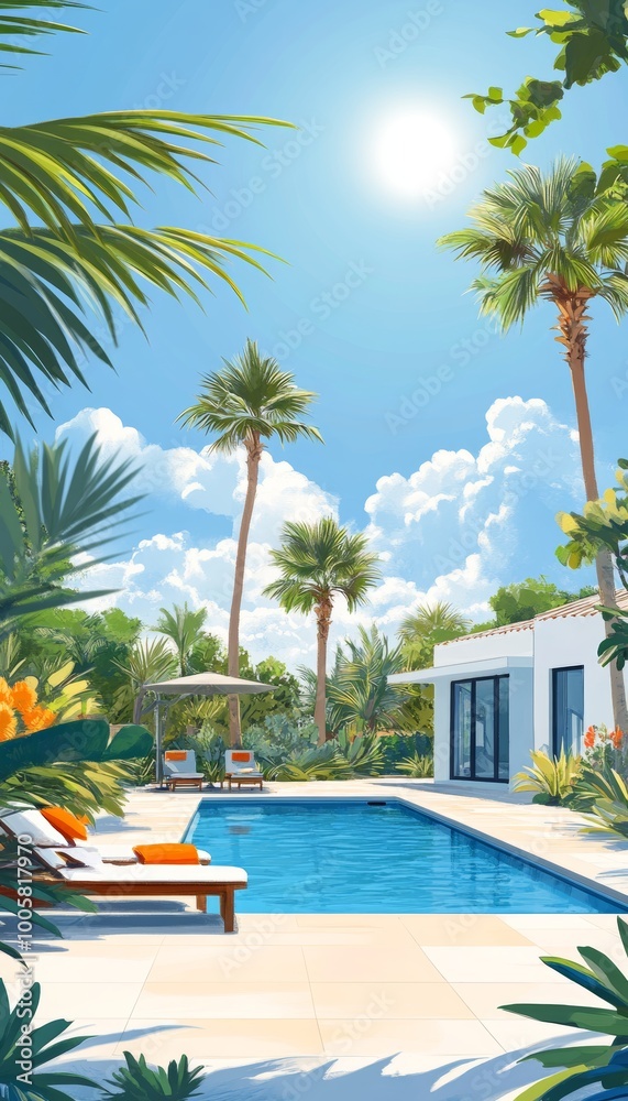Fototapeta premium Luxury Villa with Private Swimming Pool on a Sunny Summer Day. Perfect Vacation Getaway.