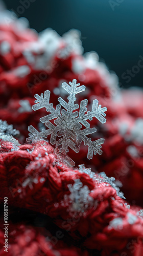 Illustration AI delicate snowflake on a red knitted fabric background. Christmas, celebration.