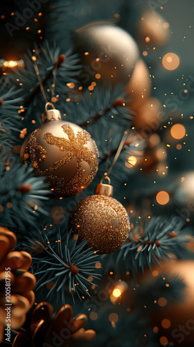 Illustration AI festive golden christmas ornaments on pine branches. Christmas concept, celebration.