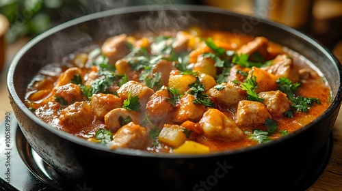 A steaming hot and comforting vegetable stew simmering in a cast iron pot on a rustic wooden table. The aromatic dish is filled with tender chunks of carrots,potatoes,onions.