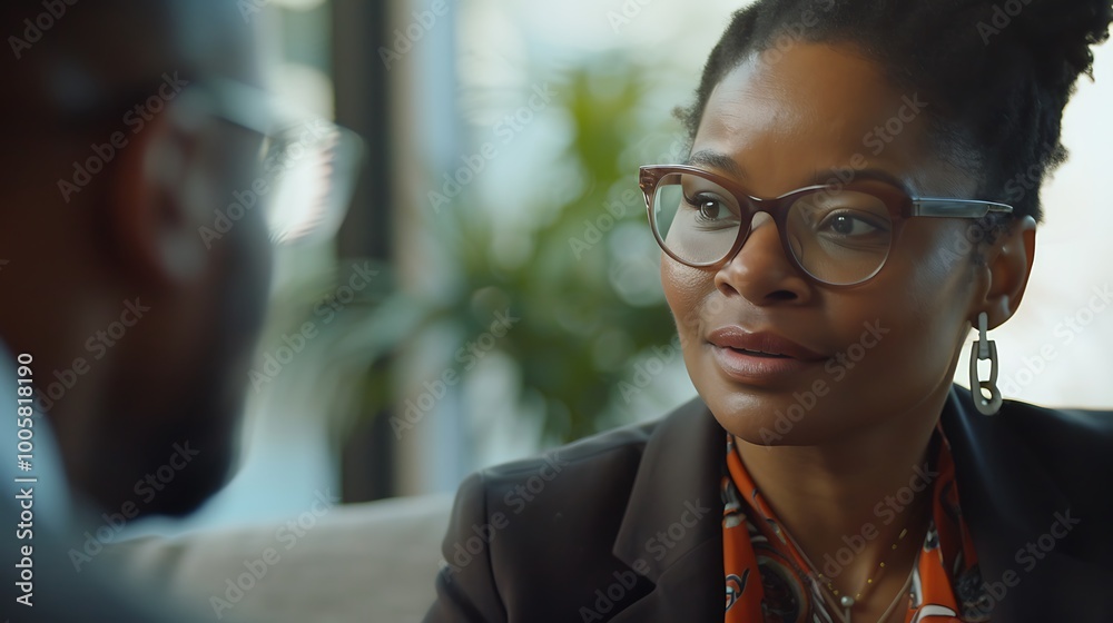 A focused business conversation between two professionals in a modern office setting, highlighting engagement and connection. A focused business conversation between two professionals in a modern office setting, highlighting engagement and connection.