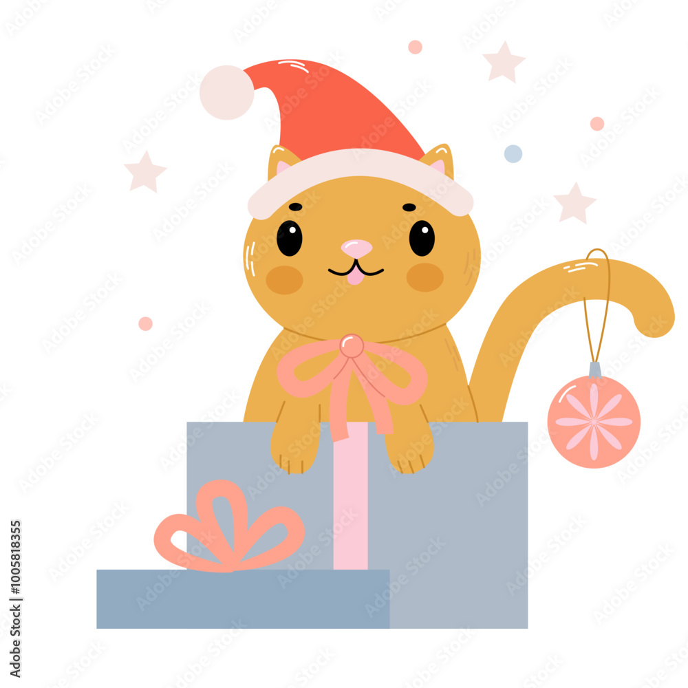 cute kitten sitting in a gift box wearing a Christmas red hat cute kitten sitting in a gift box wearing a Christmas red hat