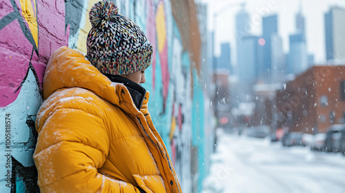 person wearing bright yellow puffer jacket stands against colorful mural in snowy urban setting, with city skyline in background. scene captures chilly winter day filled with vibrant street art. 