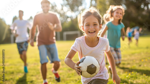 Proud parents cheer loudly as their child plays their first soccer game on a sunny day. photo